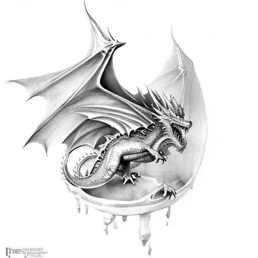 fantasy Dragon from game of Thrones flying top view wings outstretched  tattoo design idea