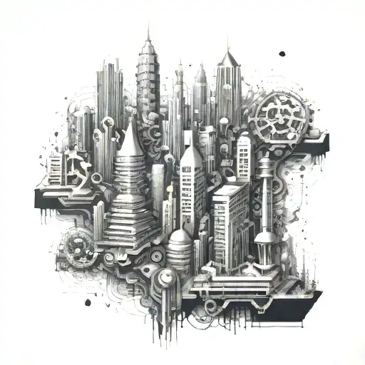 A futuristic cityscape design inspired by coding languages and algorithms, with hidden radiology symbols throughout the piece tattoo design idea