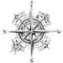 compass with flowers, phoenix, arrow, time,  tattoo design idea
