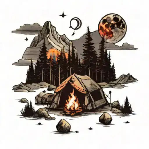 black and white Camping scene with color fire, in background forest and mountains. Nightsky with full moon tattoo design idea