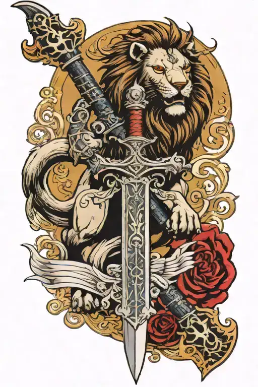 Templar sword with wings spread wide, lion head with christian cross and filigree and water background tattoo design idea