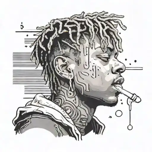 Create a dotwork portrait of Juice Wrld with a hidden message in the background related to his music tattoo design idea