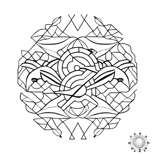 A geometric tattoo of a school of dolphins swimming in a techno-inspired pattern, symbolizing your passion for both nature and electronic music tattoo design idea