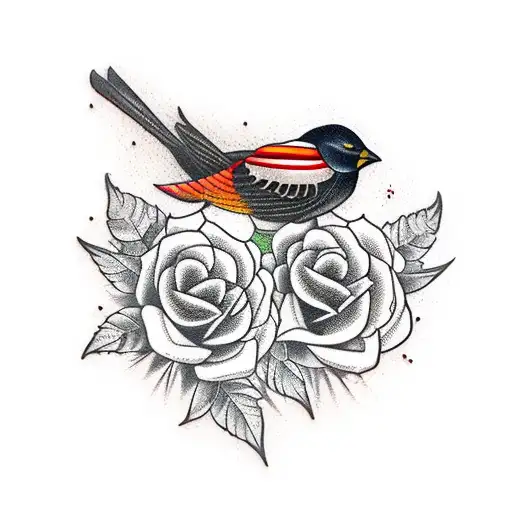 Red winged blackbird with yellow roses with red tipped petals tattoo design idea