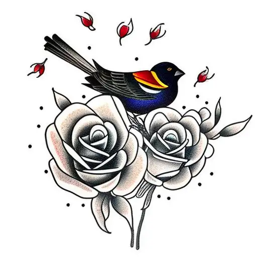 Red winged blackbird with yellow roses with red tipped petals tattoo design idea
