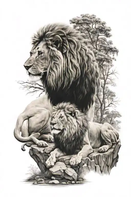 lion protecting his son on rocks in a forest landscape tattoo design idea