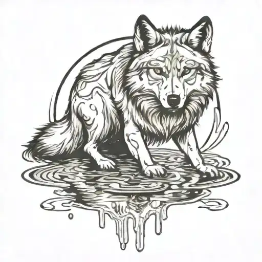 Wolf Looks in puddle seeing the reflection tattoo design idea