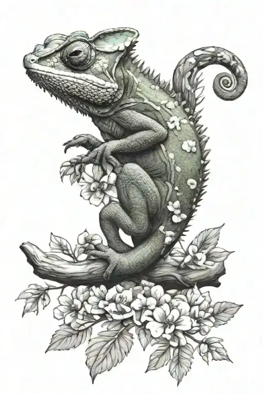 chameleon on branches and flowers   tattoo design idea
