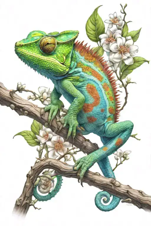 colourful chameleon on branches and flowers  tattoo design idea