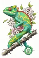 colourful chameleon on branches and flowers  tattoo design idea