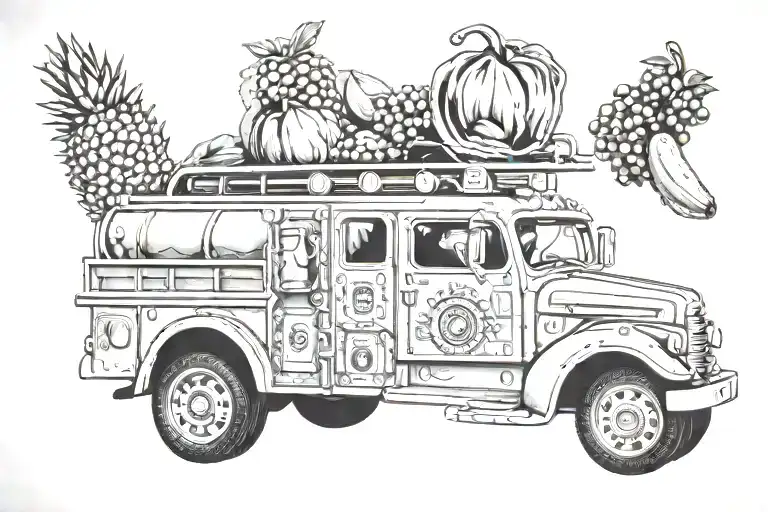 A unique design of a fire truck made out of various food items like fruits, vegetables, and meats, symbolizing the client's love for eating and dedication to their firefighting career tattoo design idea