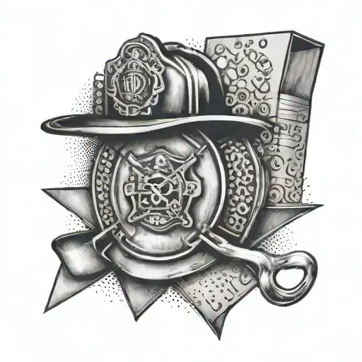 A dotwork design of a firefighter's badge with a background of various takeout boxes, symbolizing the client's dedication to their occupation and love for takeaways tattoo design idea