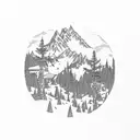 mountain with wind mill and pine trees tattoo design idea
