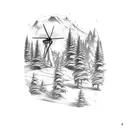 mountain with wind mill and pine trees tattoo design idea