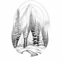 mountain with wind mill and pine trees tattoo design idea