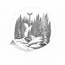 mountain with wind mill and pine trees tattoo design idea