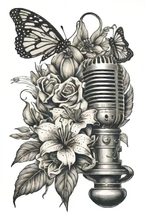 hand holding old fashioned microphone tiger Lily's under microphone with monarch butterflies and music notes tattoo design idea