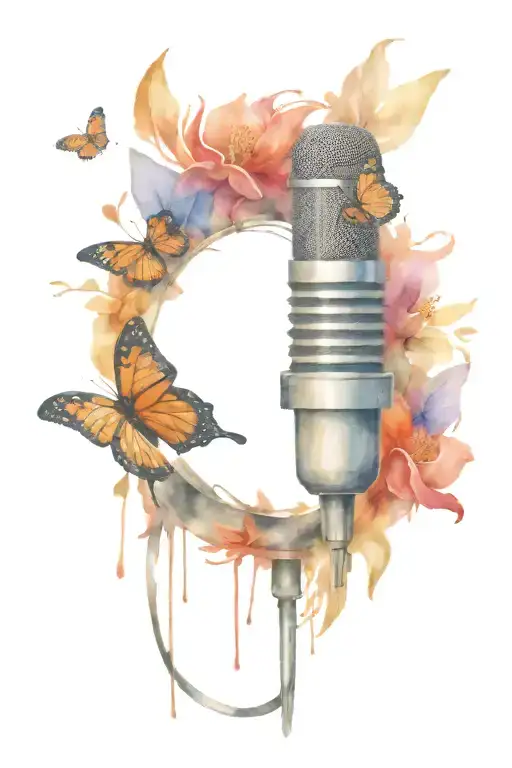 microphone with music notes tiger Lily's and 2 monarch butterflies tattoo design idea