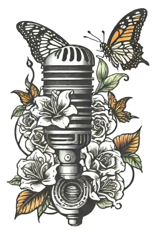 hand holding old fashioned microphone tiger Lily's under microphone with monarch butterflies and music notes tattoo design idea