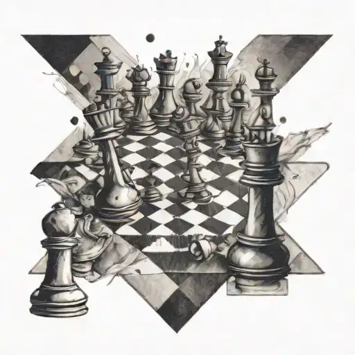 A chess board with pieces scattered in a chaotic yet strategic manner tattoo design idea
