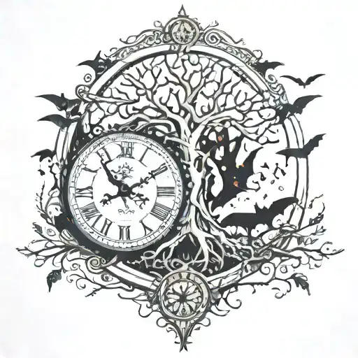 clock at the bottom with the tree of life growing from it with bats scattered around  tattoo design idea