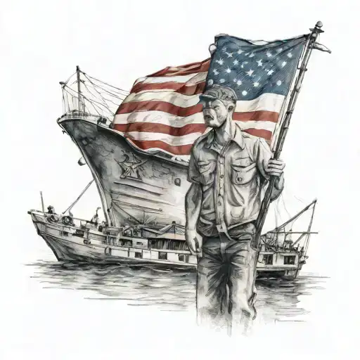 Man standing on Navy ship with american flag and italian flag draped across shoulders tattoo design idea