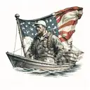 Man standing on Navy ship with american flag and italian flag draped across shoulders tattoo design idea