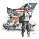Man standing on Navy ship with american flag and italian flag draped across shoulders tattoo design idea