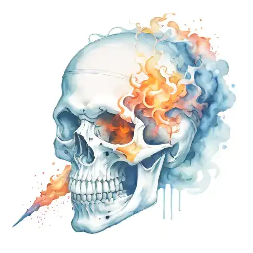 skull breathing fire from its mouth and wearing a cap tattoo design idea