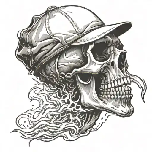 skull breathing fire from its mouth and wearing a cap tattoo design idea