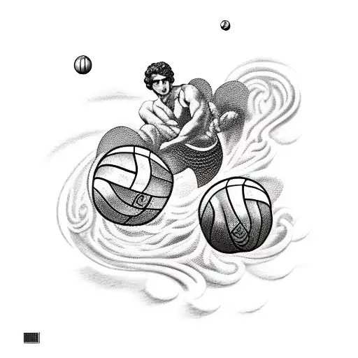 An elegant blackwork tattoo of Hermes holding a volleyball, with the image of sea with musical notes swirling around him tattoo design idea