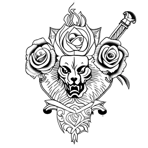 espada com escudo, que contenha os valores, amizades, família e animais  tattoo design idea