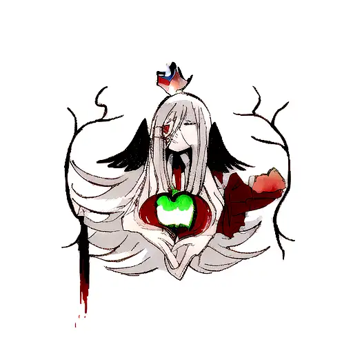 Shinigami holding an bleeding half heart and half apple  tattoo design idea