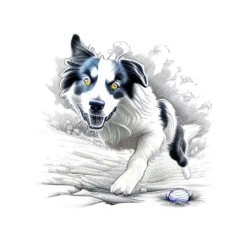 border collie blue Merle jumping with his yellow ball tattoo design idea
