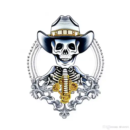 skeleton wearing dress shirt and cowboy hat holding gun across his chest with gold chain and gold bracelet and gold ring tattoo design idea