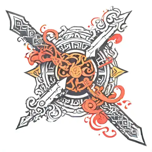 Design: Central Element: A half-forged sword glowing red-hot in the center, resting on an anvil. The blade has an unfini tattoo design idea