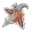 Design: Central Element: A half-forged sword glowing red-hot in the center, resting on an anvil. The blade has an unfini tattoo design idea