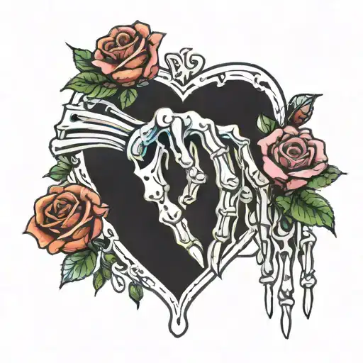 skeleton hand with real hand reaching, roses surrounded, human heart & brain hanging from real hand by a thread tattoo design idea