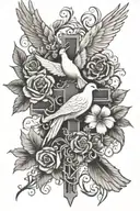 Cross, dove and flowers tattoo design idea