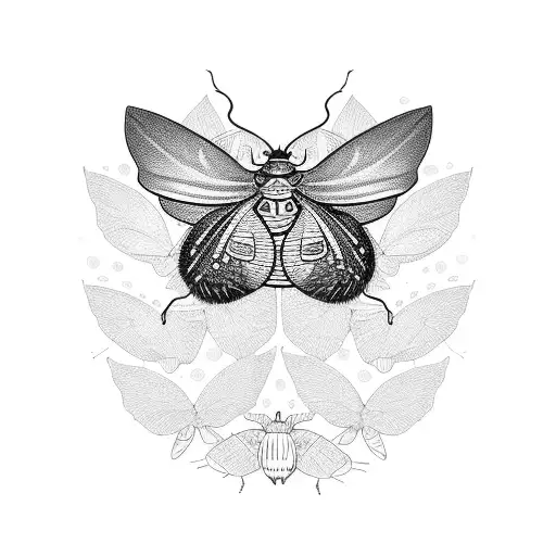 A moth and beetle dancing together in a whimsical garden scene tattoo design idea