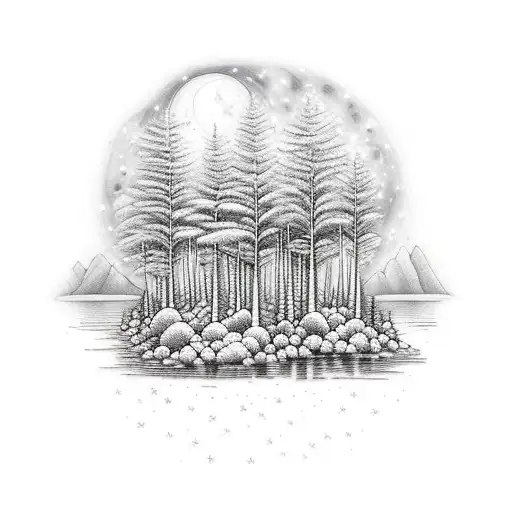 A serene forest lake under a starry night sky tattoo design idea