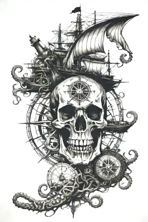 Skull, compass, ship, and octopus  tattoo design idea