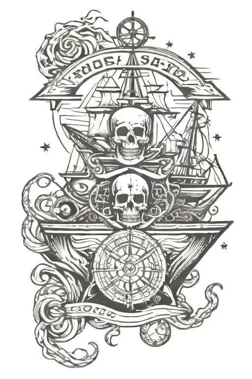Skull, octopus, compass, and ship sailing through stormy tattoo design idea