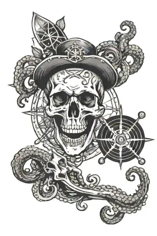 Skull, compass, ship, and octopus  tattoo design idea