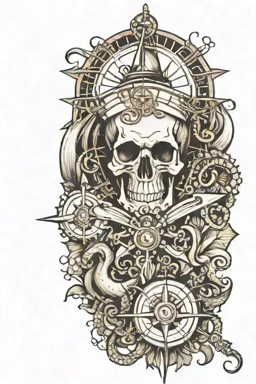 Skull, compass, ship, and octopus  tattoo design idea
