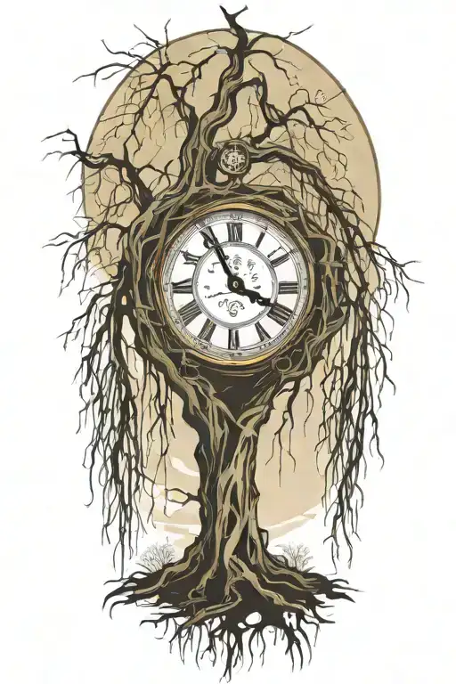 weeping willow  tree with grandfater clock and pengelum in the trunk  tattoo design idea
