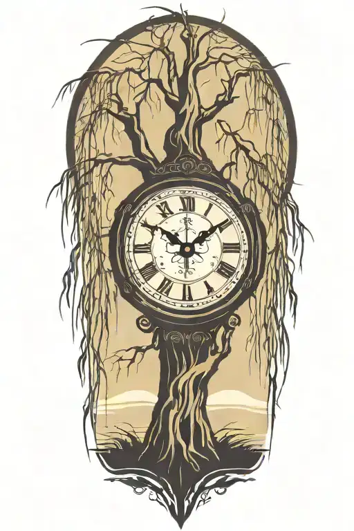 weeping willow  tree with grandfater clock in the trunk  tattoo design idea