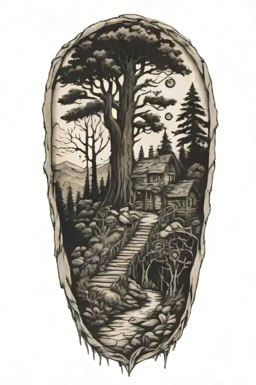 creepy wilderness half sleeve tattoo featuring needles and buttons from coraline  tattoo design idea