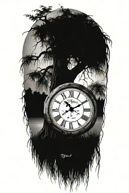 weeping willow  tree with grandfater clock and pengelum inside the trunk  tattoo design idea