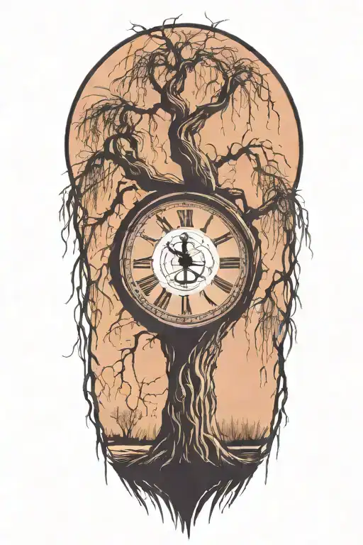 weeping willow  tree with grandfater clock in the trunk  tattoo design idea